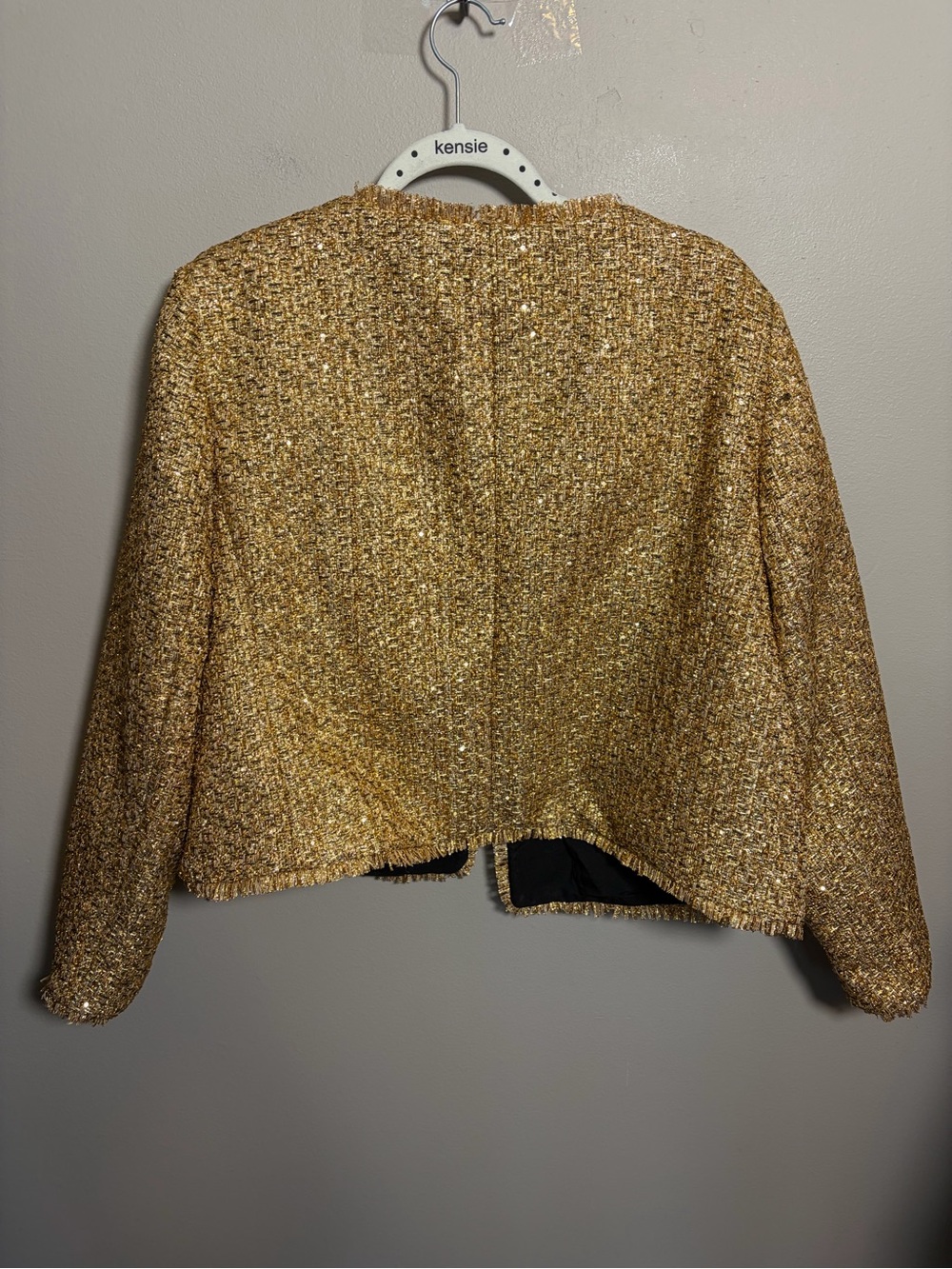 Express Metallic Tweed Fringe Trim Jacket Blazer Gold - Picture 3 of 7
